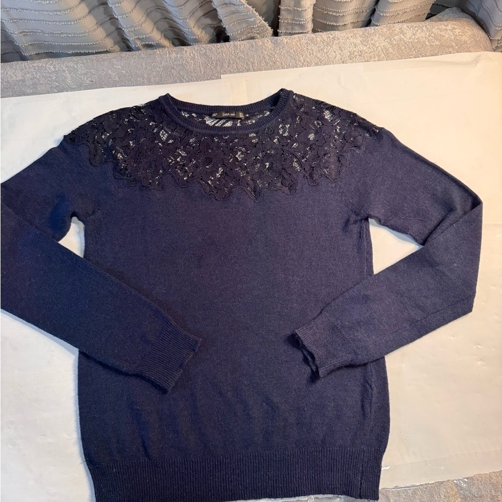 Zara Dark Blue Sweater with Lace Detail